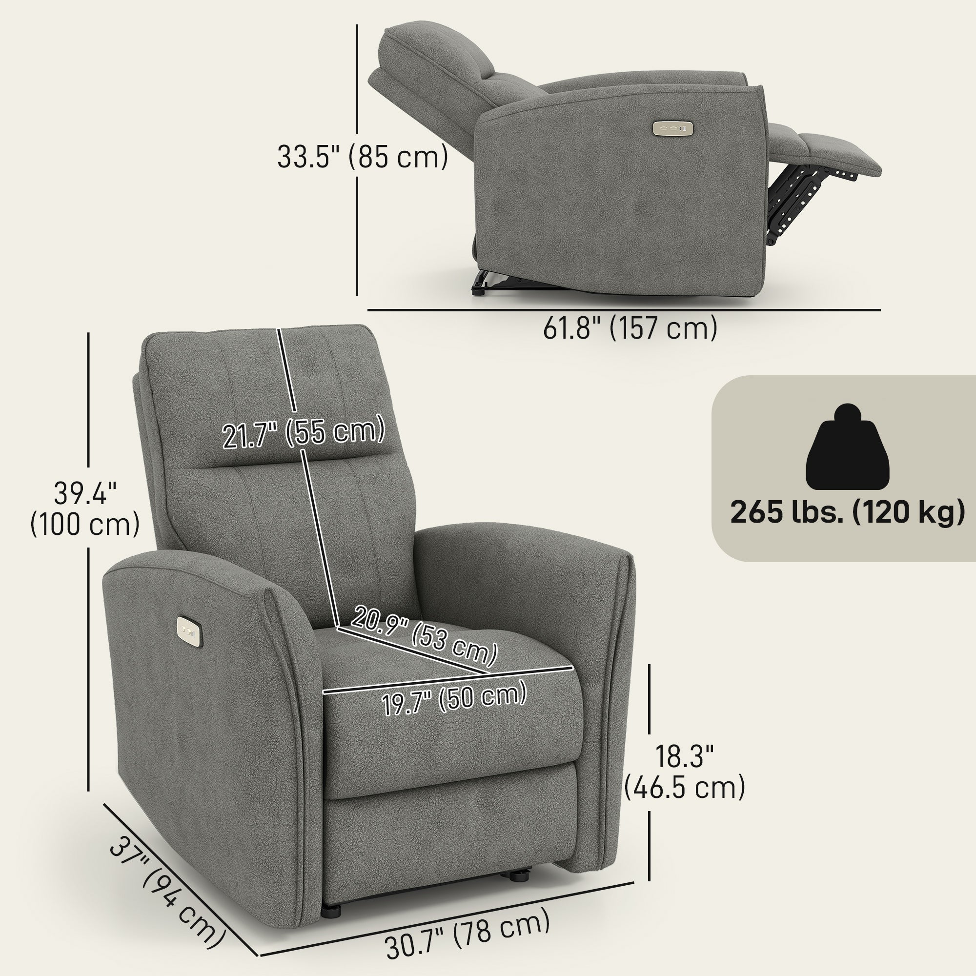 Power Recliner Chair - Grey Fabric USB-DECOROLALA