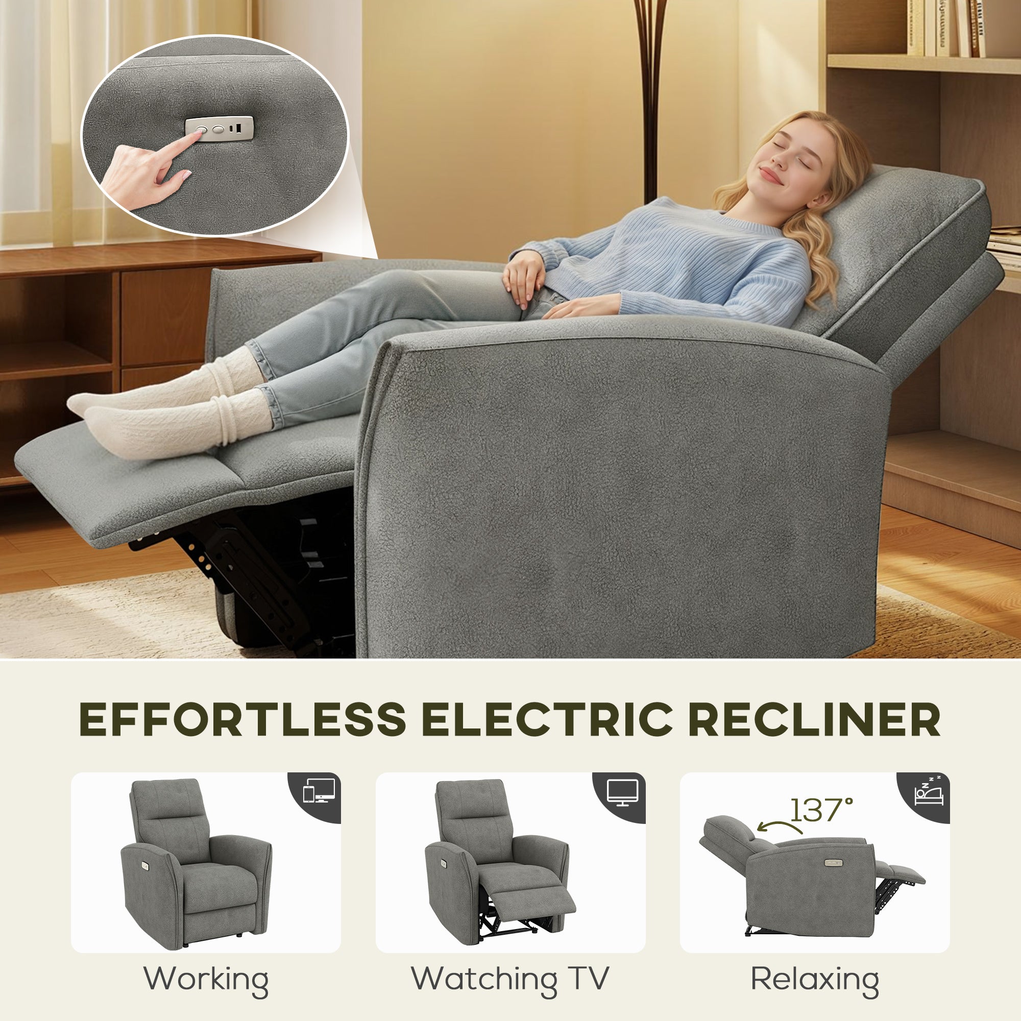 Power Recliner Chair - Grey Fabric USB-DECOROLALA