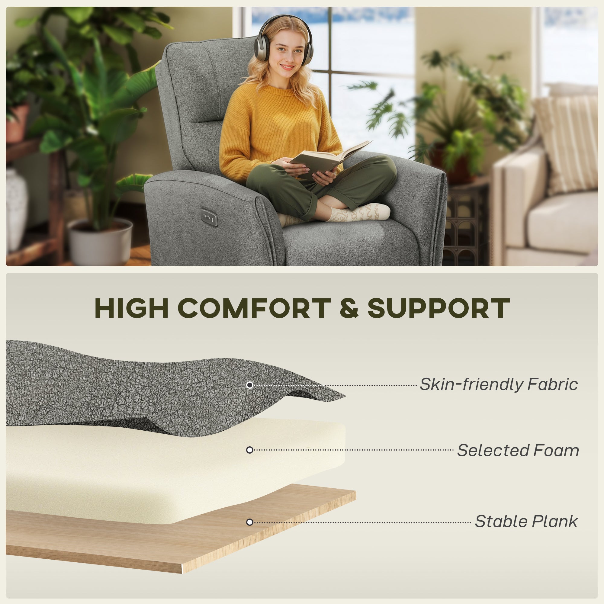Power Recliner Chair - Grey Fabric USB-DECOROLALA