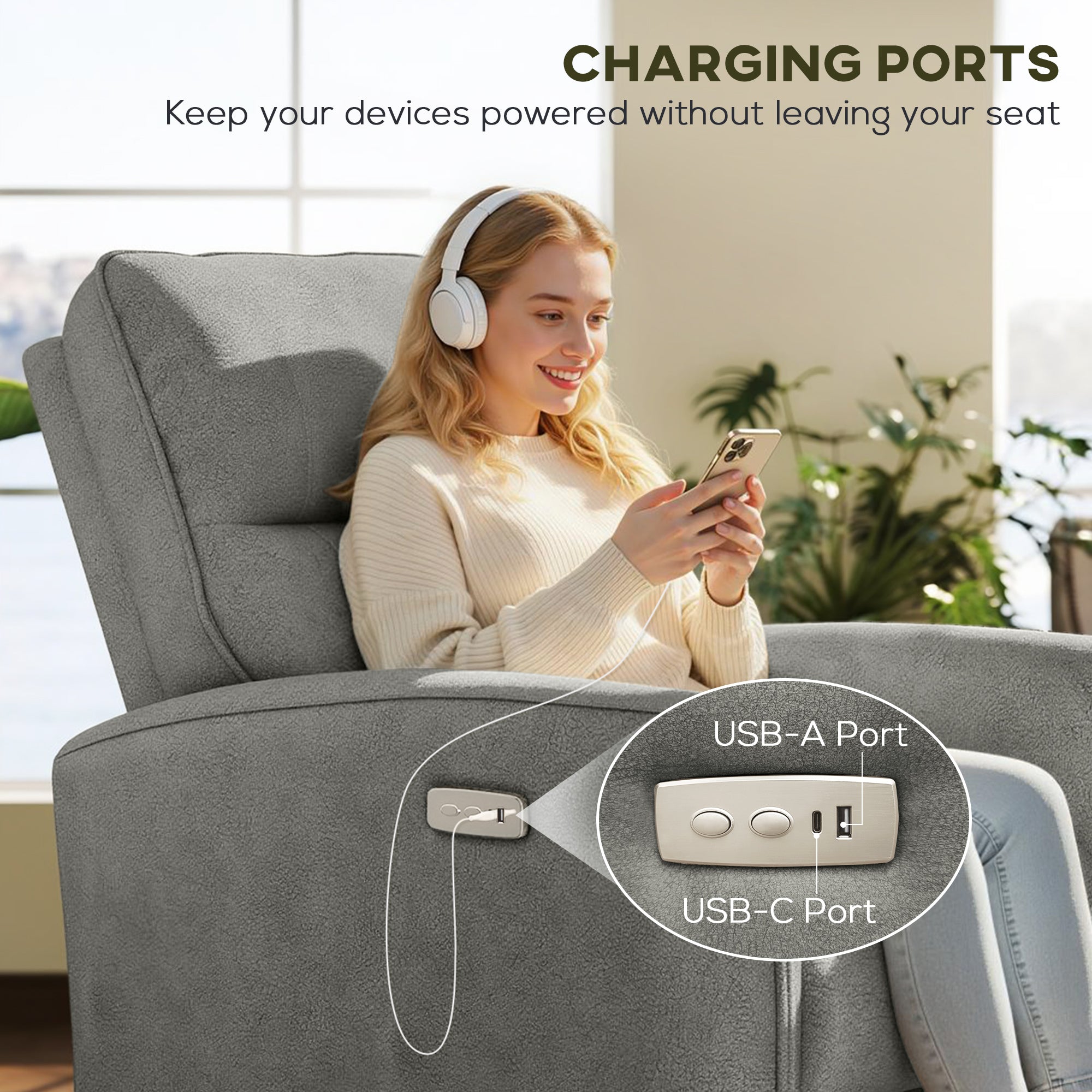 Power Recliner Chair - Grey Fabric USB-DECOROLALA
