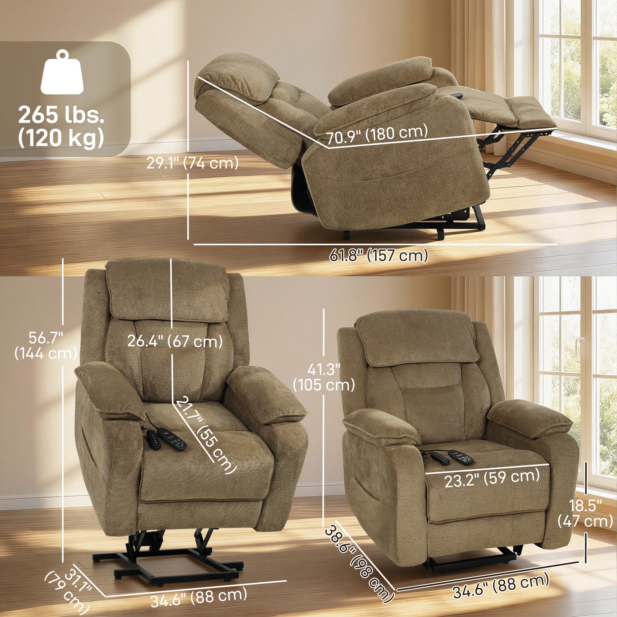 Power Recliner Chair Massage Lift Brown-DECOROLALA