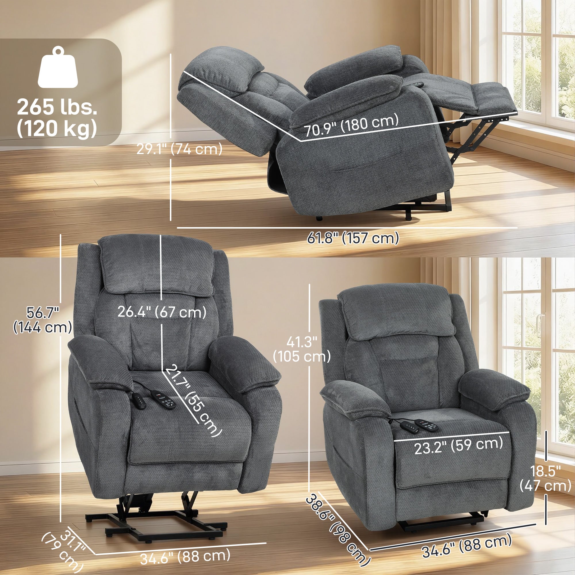 Power Recliner Chair with Massage & Lift - Grey-DECOROLALA