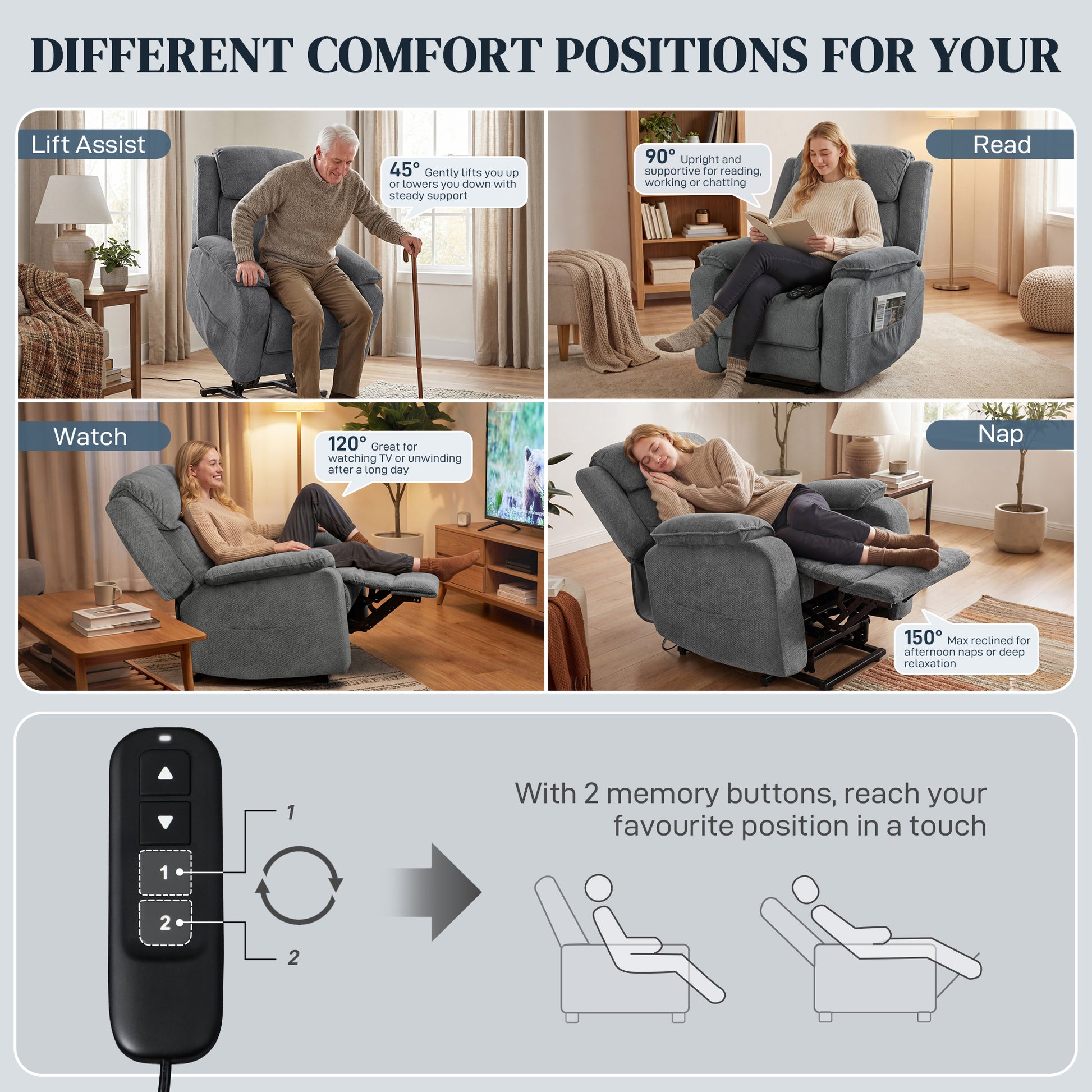 Power Recliner Chair with Massage & Lift - Grey-DECOROLALA