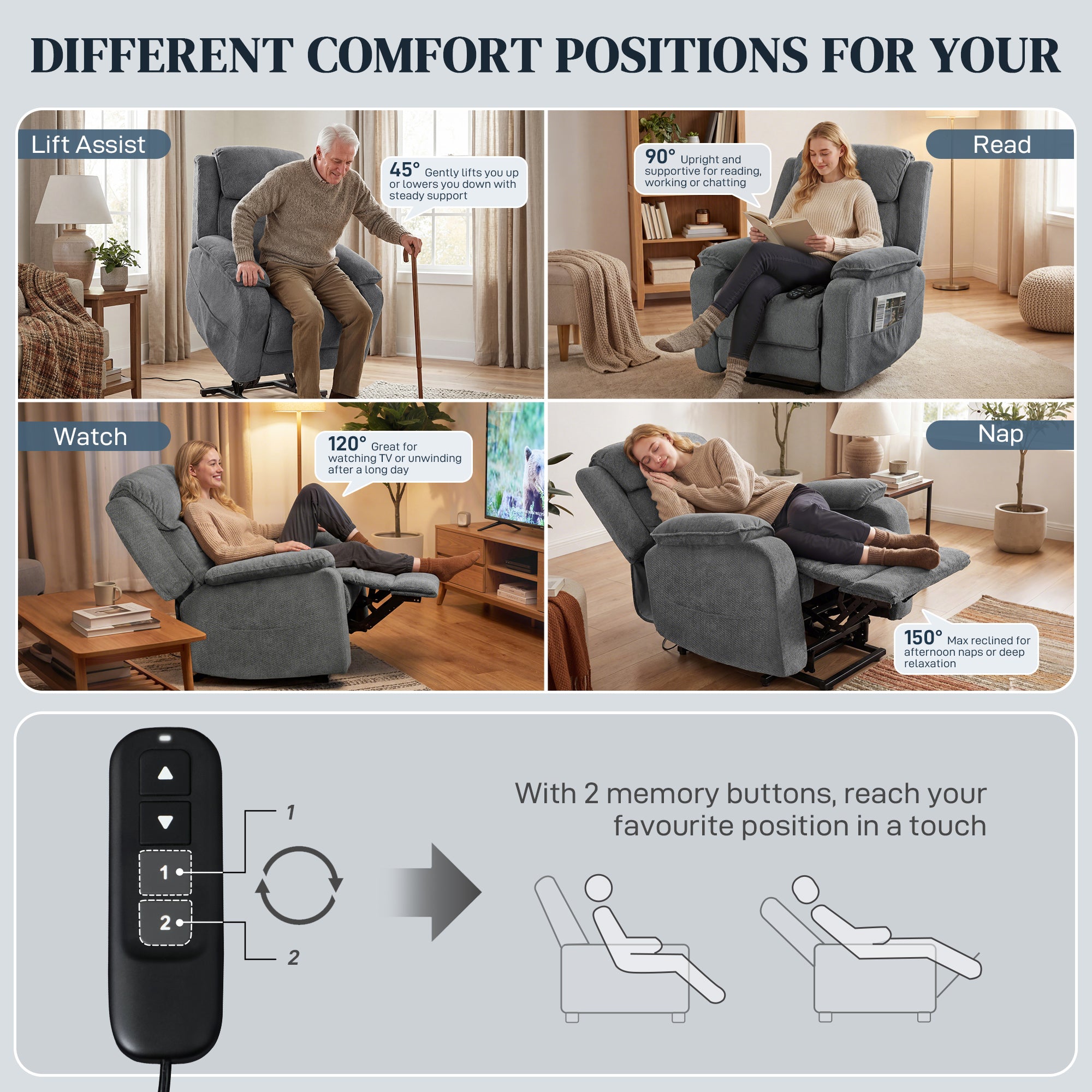 Power Recliner Chair with Massage & Lift - Grey-DECOROLALA