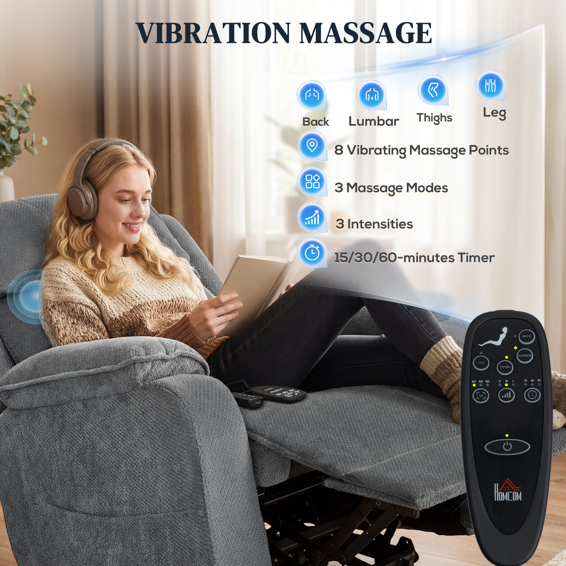 Power Recliner Chair with Massage & Lift - Grey-DECOROLALA