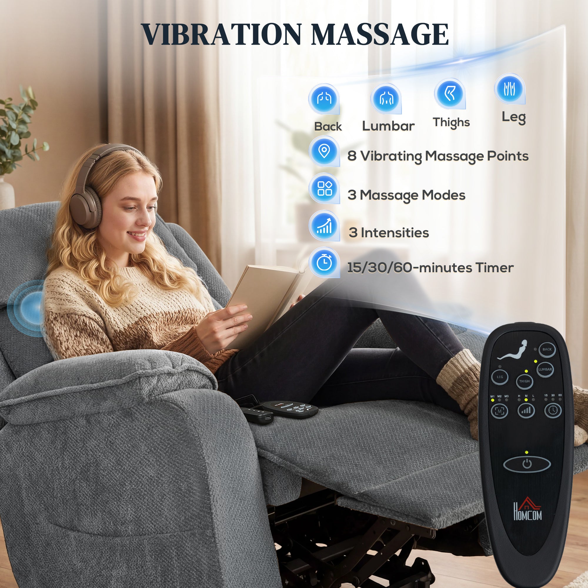 Power Recliner Chair with Massage & Lift - Grey-DECOROLALA