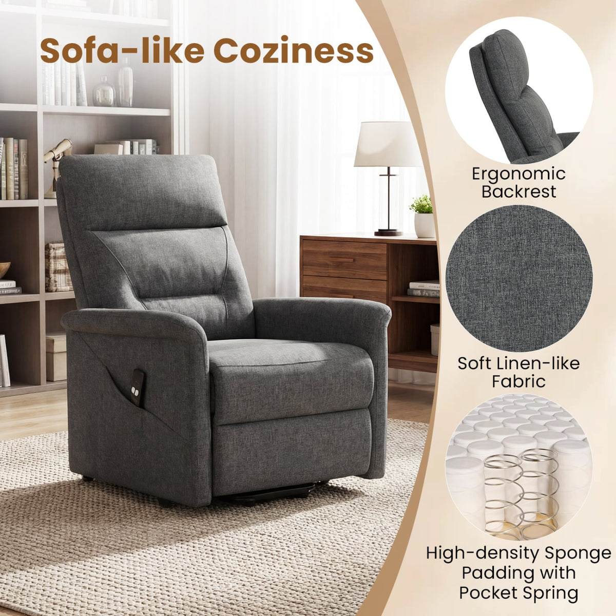 Power Lift Recliner Chair for Elderly with Remote Control and Side Storage Pocket-Gray-Recliners-DECOROLALA