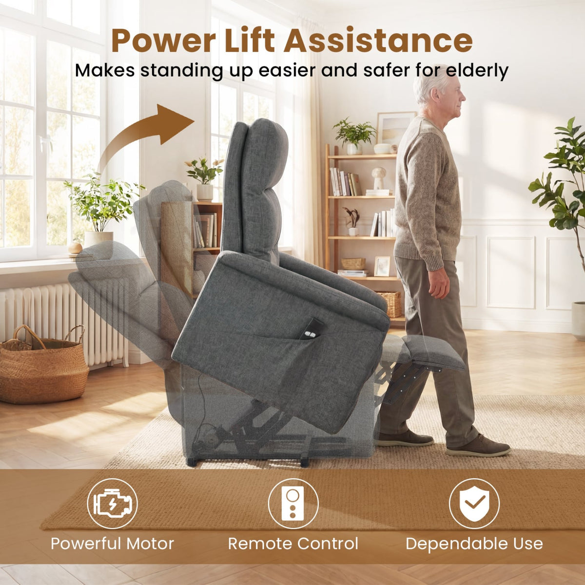 Power Lift Recliner Chair for Elderly with Remote Control and Side Storage Pocket-Gray-Recliners-DECOROLALA