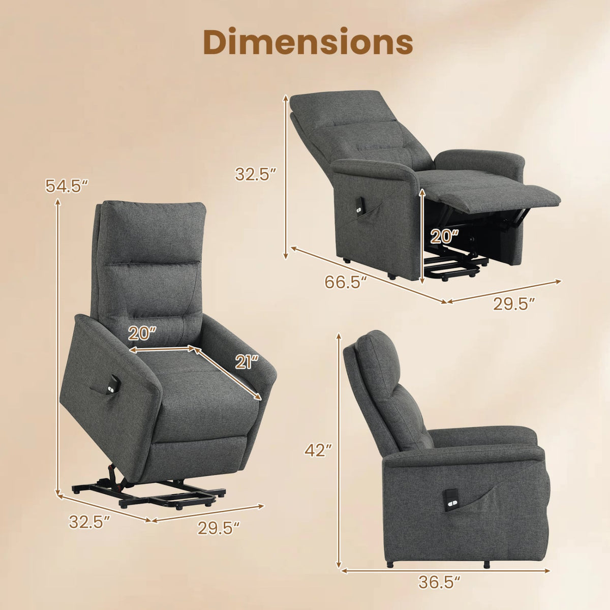 Power Lift Recliner Chair for Elderly with Remote Control and Side Storage Pocket-Gray-Recliners-DECOROLALA
