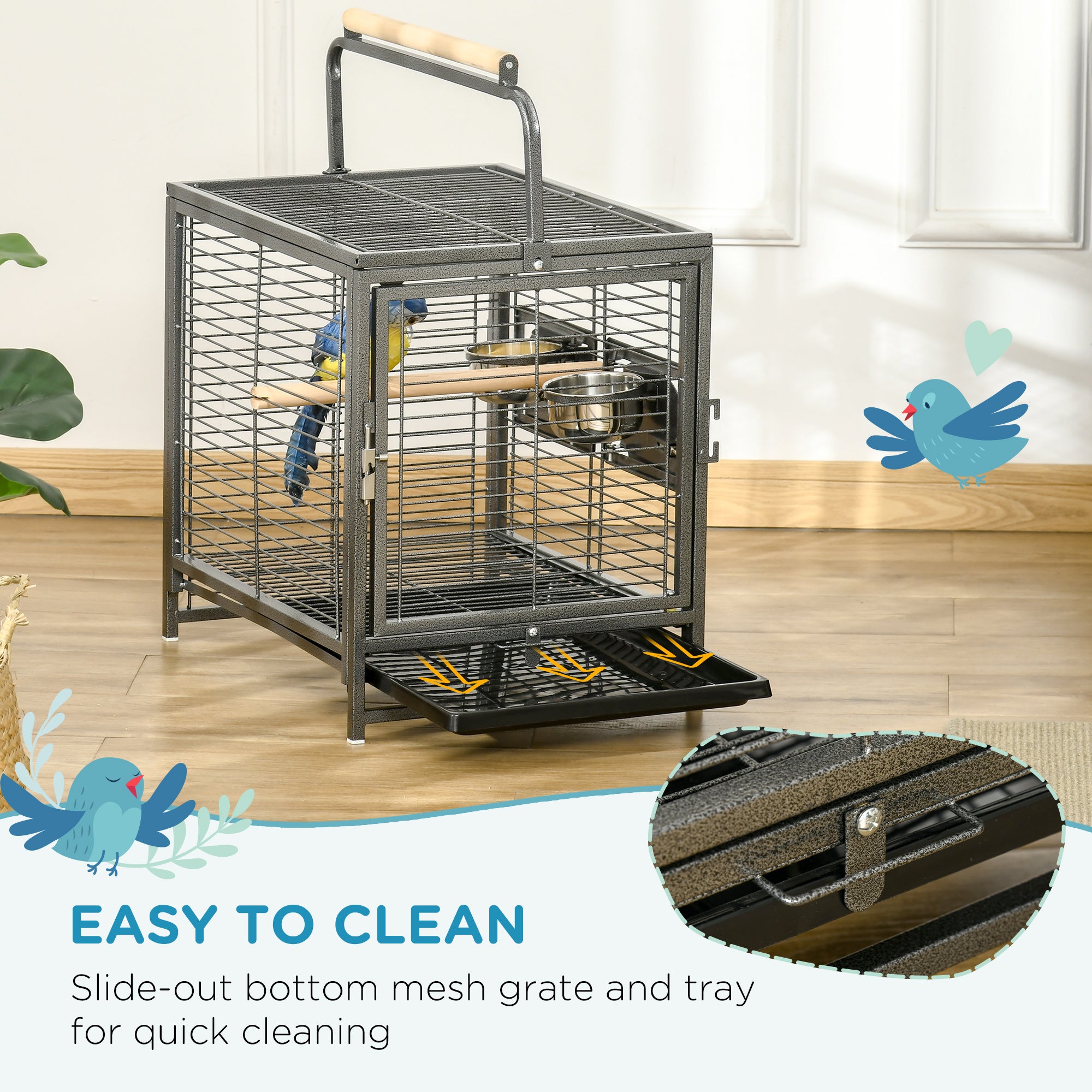 Bird Travel Carrier Cage, Portable Metal Bird Cage for Parrots Conures Cockatiel Parakeets with Stand Perch, Stainless Steel Bowls, Pull Out Tray, 19" x 15" x 26", Black