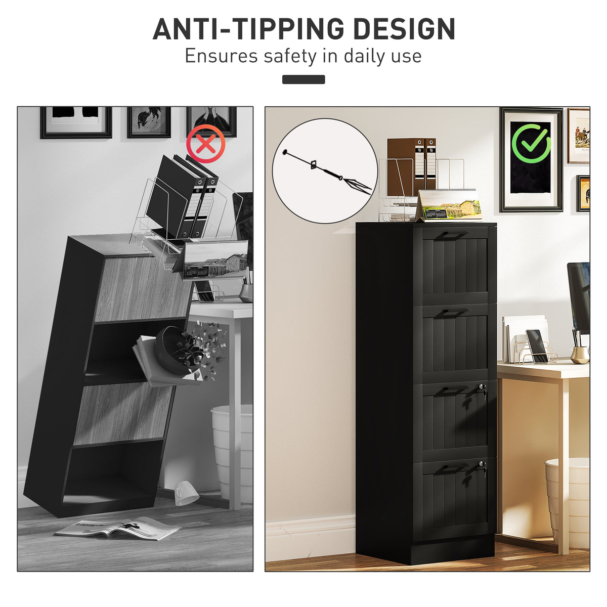 4-Drawer Locking Filing Cabinet - Black MDF 52" H