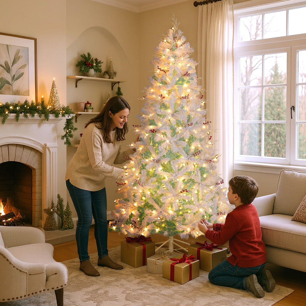 Pre-Lit Artificial Christmas Tree with Snow Flocked Branch Tips-M-Christmas Trees-DECOROLALA