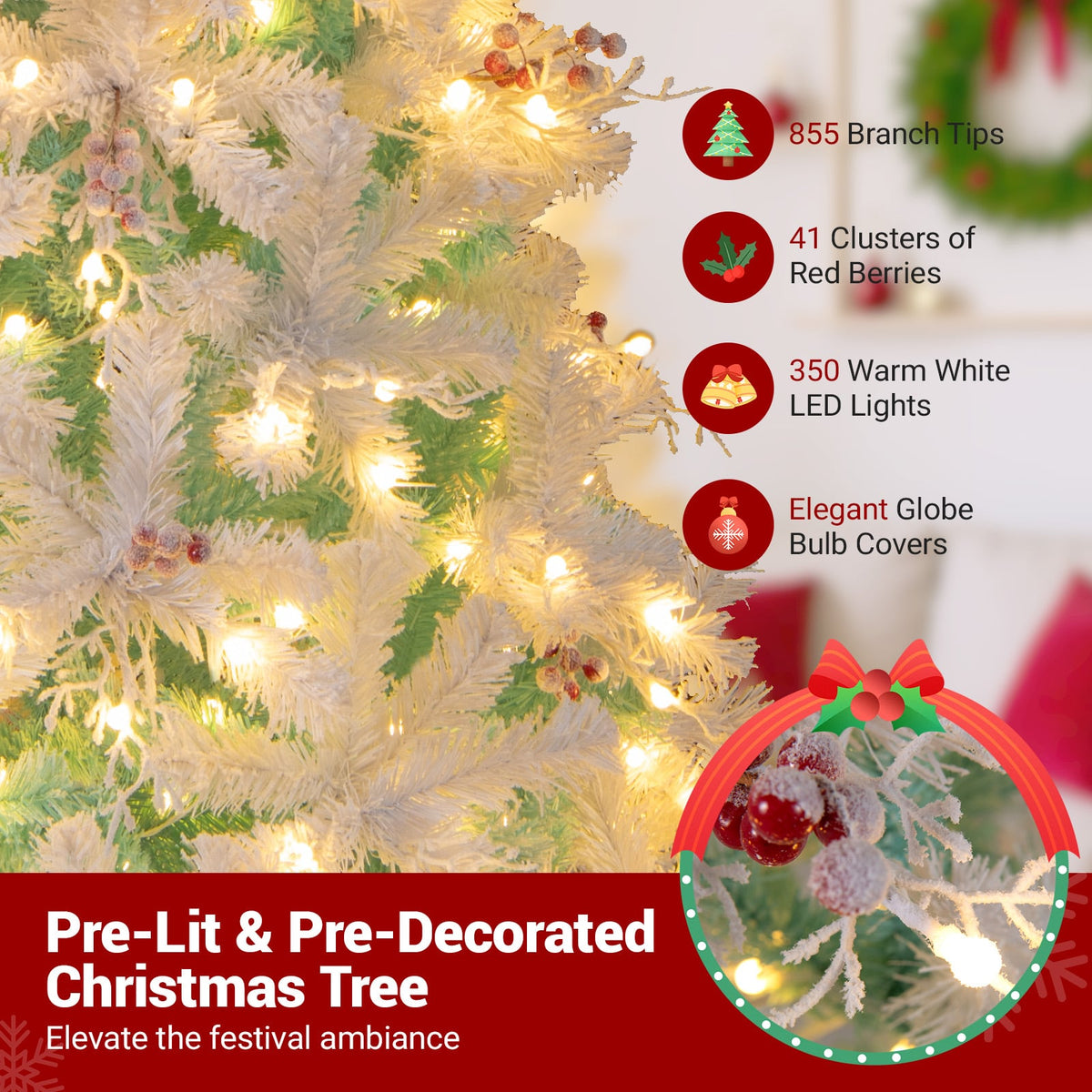 Pre-Lit Artificial Christmas Tree with Snow Flocked Branch Tips-M-Christmas Trees-DECOROLALA