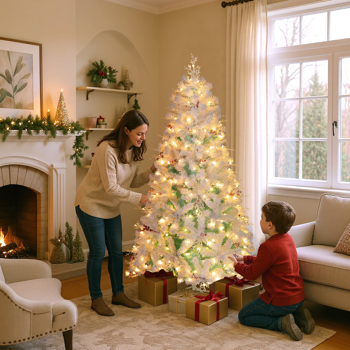Pre-Lit Artificial Christmas Tree with Snow Flocked Branch Tips-S-Christmas Trees-DECOROLALA