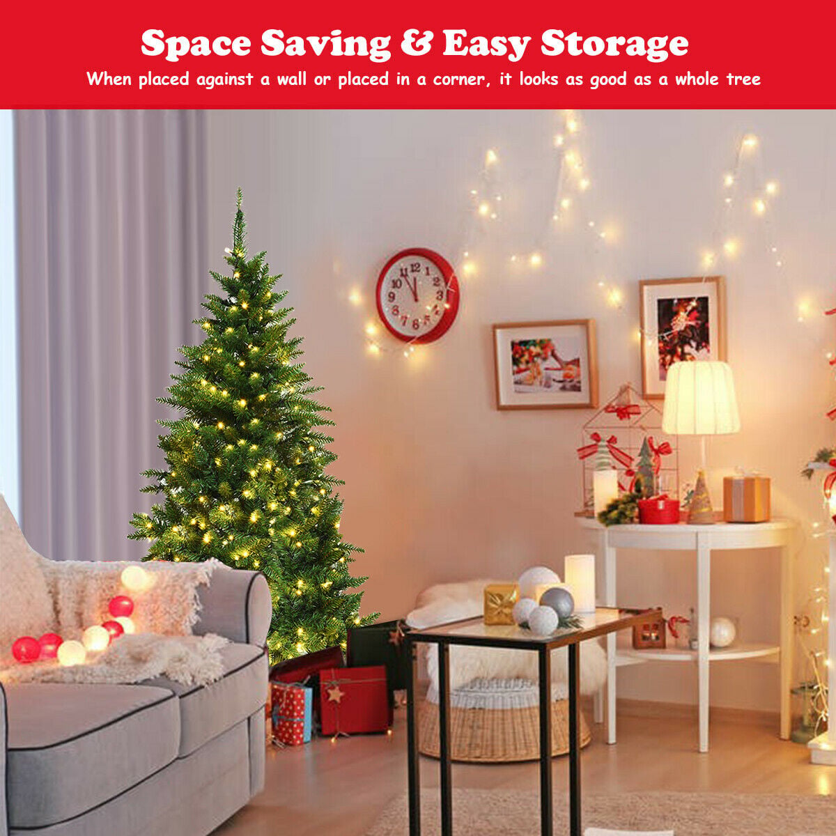 Pre-Lit Artificial Half National Christmas Tree with 8 Flash Modes-5 ft-Christmas Trees-DECOROLALA