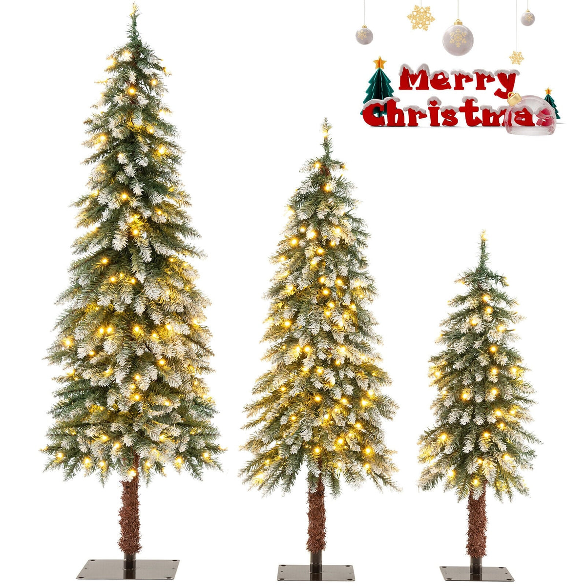 Pre-Lit Christmas Tree Set of 3 - Snowy and Slim-Christmas Trees-DECOROLALA