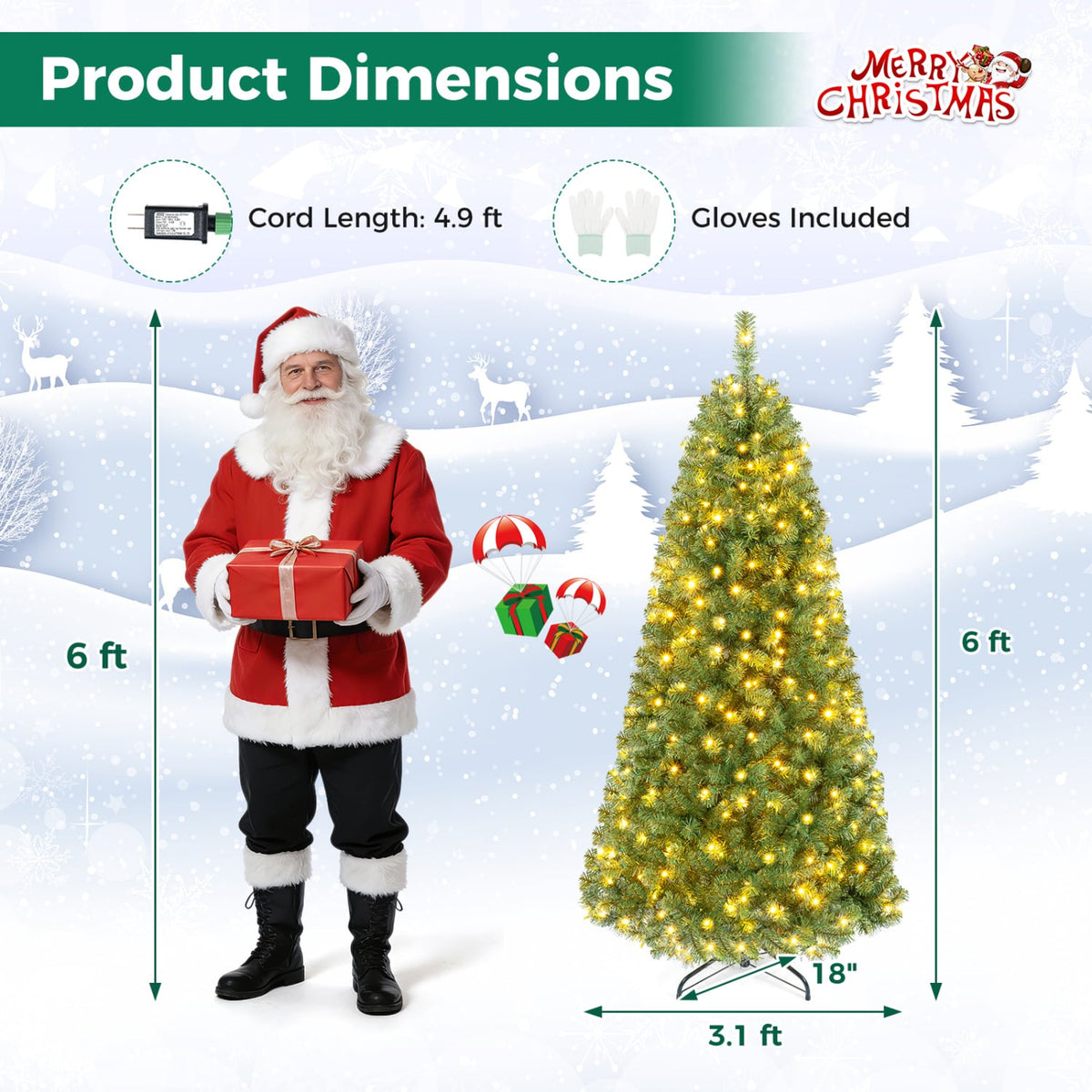 Pre-Lit Green Artificial Christmas Tree with Full Branch Tips-6 Feet-Christmas Trees-DECOROLALA