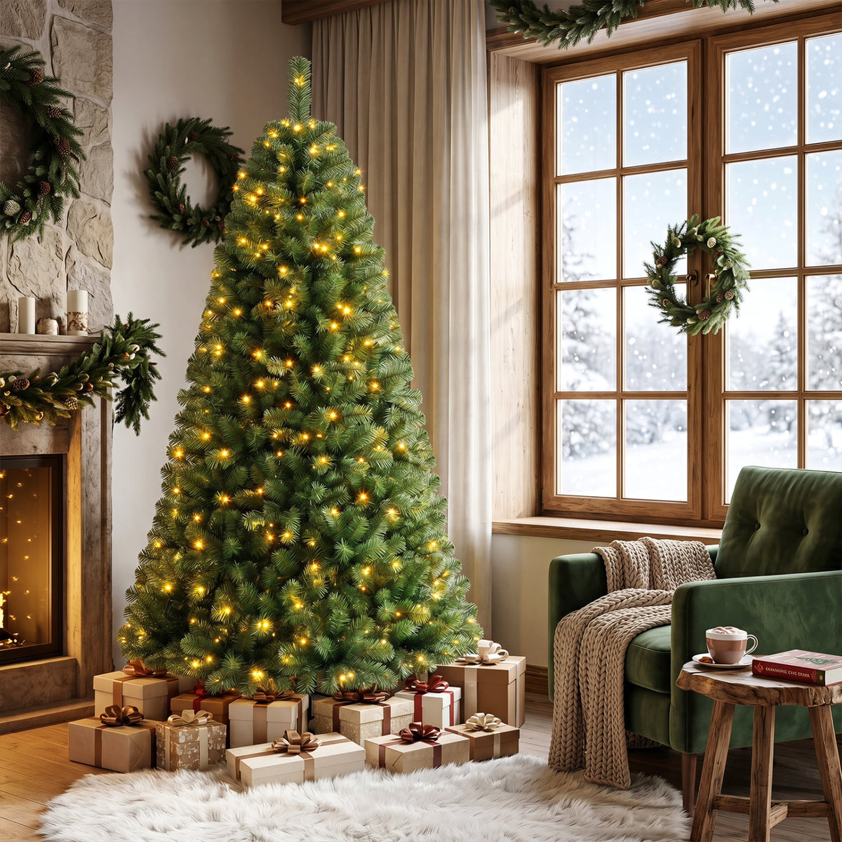 Pre-Lit Green Artificial Christmas Tree with Full Branch Tips-6 Feet-Christmas Trees-DECOROLALA