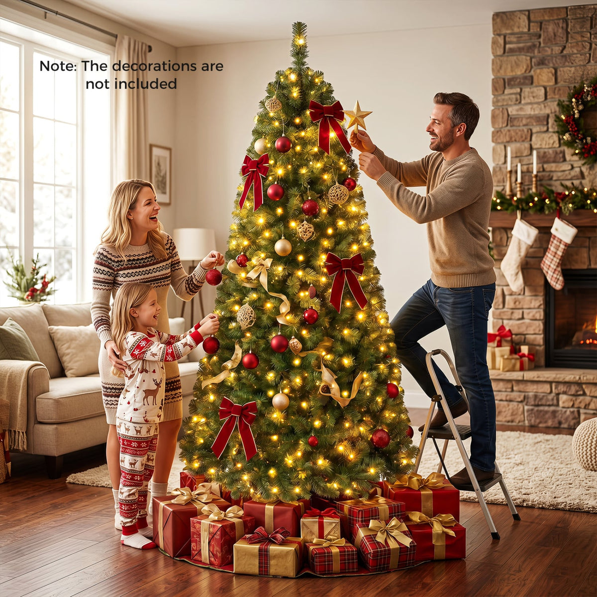 Pre-Lit Green Artificial Christmas Tree with Full Branch Tips-7 Feet-Christmas Trees-DECOROLALA