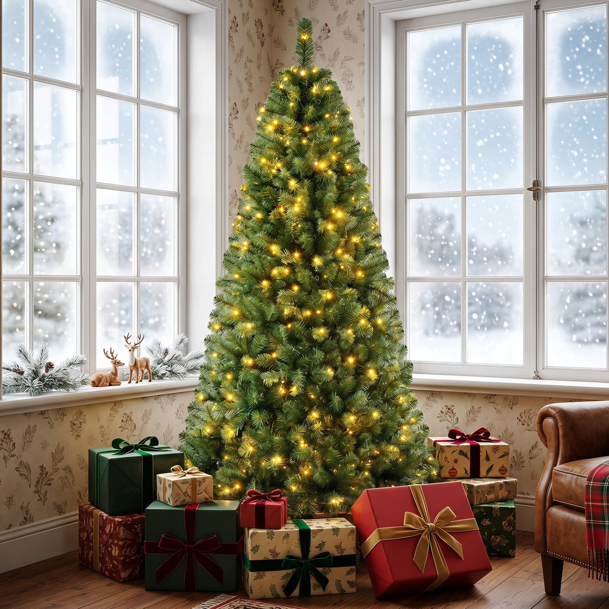 Pre-Lit Green Artificial Christmas Tree with Full Branch Tips-7 Feet-Christmas Trees-DECOROLALA