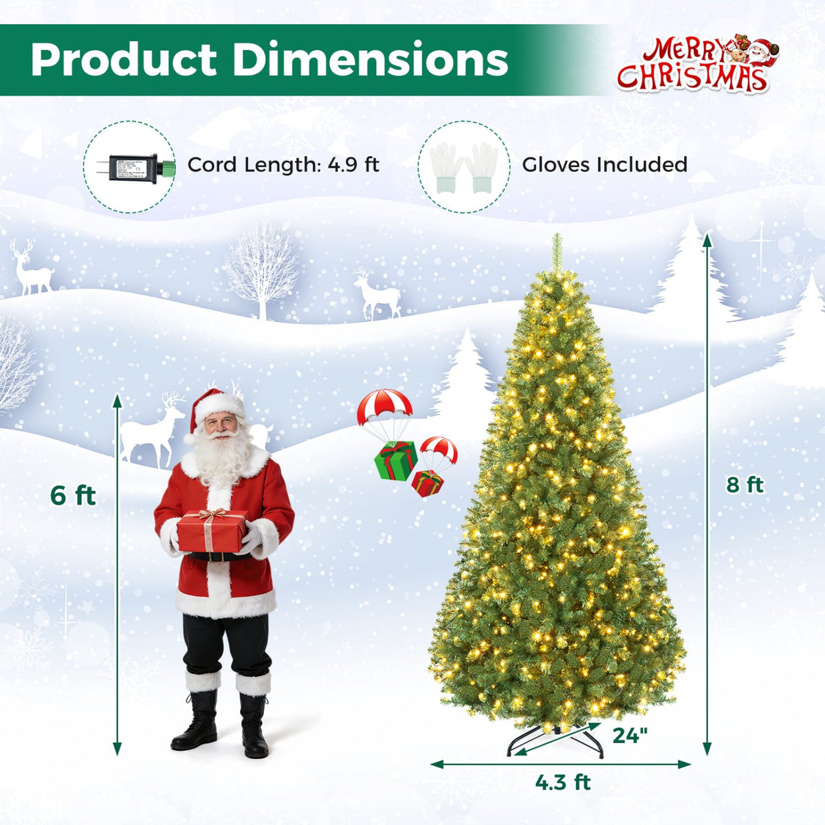 Pre-Lit Green Artificial Christmas Tree with Full Branch Tips-8 Feet-Christmas Trees-DECOROLALA