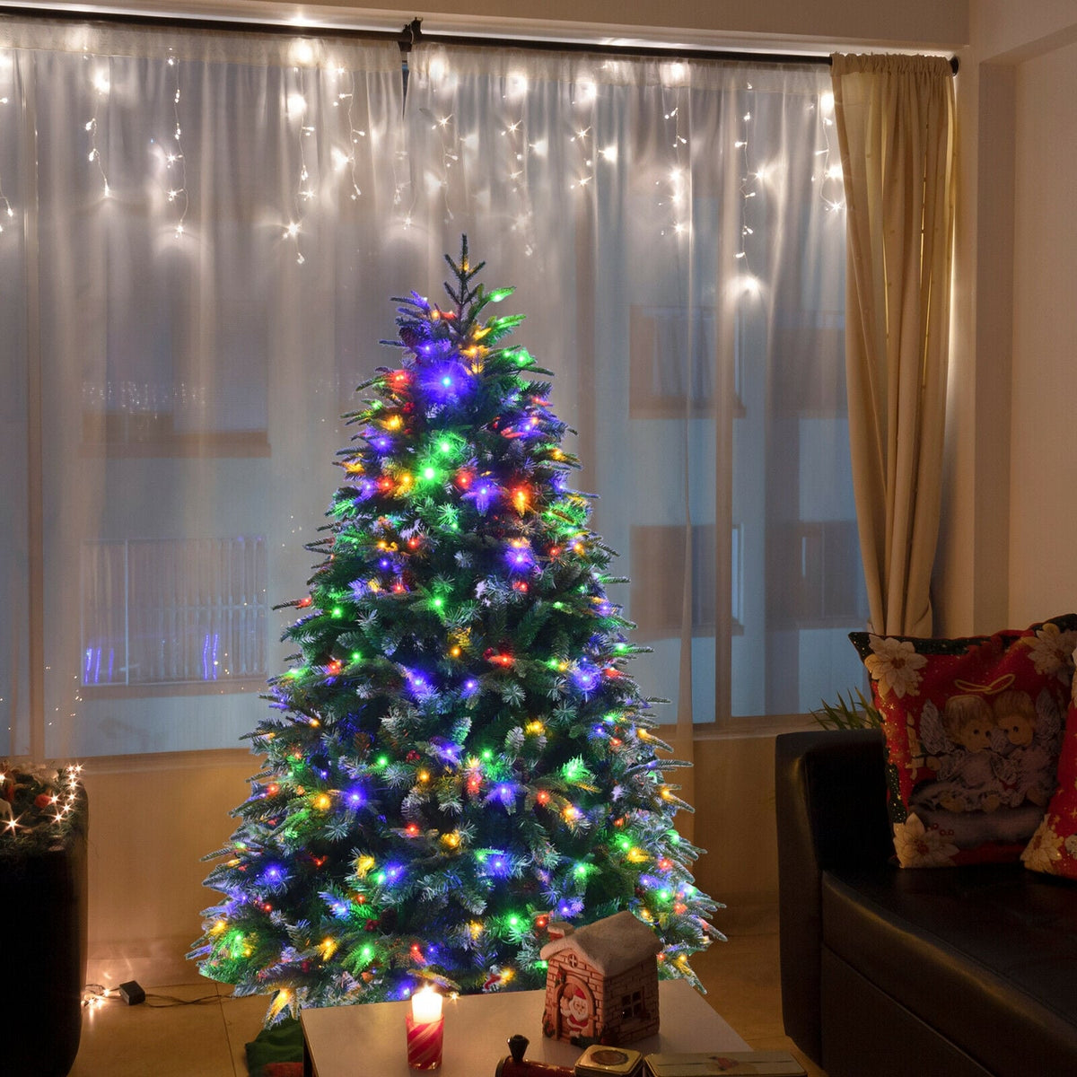 Pre-Lit Snowy Christmas Hinged Tree with Flash Modes and Multi-Color Lights-5 ft-Christmas Trees-DECOROLALA