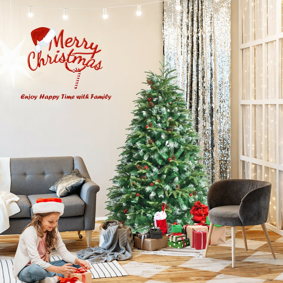 Pre-Lit Snowy Christmas Hinged Tree with Flash Modes and Multi-Color Lights-5 ft-Christmas Trees-DECOROLALA