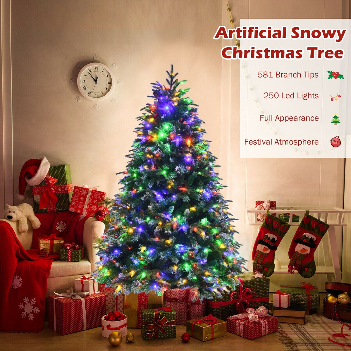 Pre-Lit Snowy Christmas Hinged Tree with Flash Modes and Multi-Color Lights-5 ft-Christmas Trees-DECOROLALA