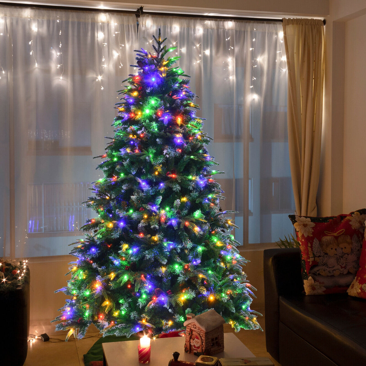 Pre-Lit Snowy Christmas Hinged Tree with Multi-Color Lights-7'-Christmas Trees-DECOROLALA