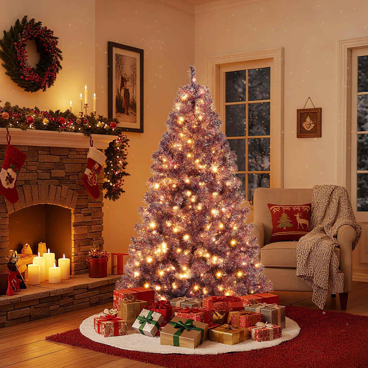 Pre-Lit Tinsel Christmas Tree Artificial Xmas Tree with Lush Branch Tips and Warm White LED Lights-6ft-Christmas Trees-DECOROLALA