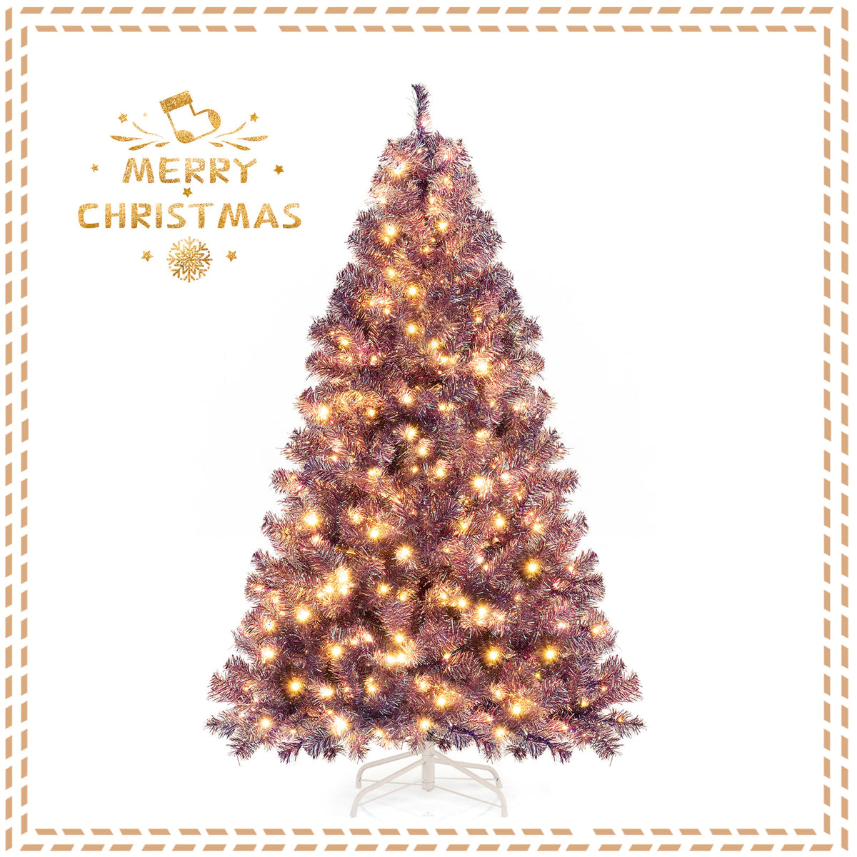 Pre-Lit Tinsel Christmas Tree Artificial Xmas Tree with Lush Branch Tips and Warm White LED Lights-6ft-Christmas Trees-DECOROLALA