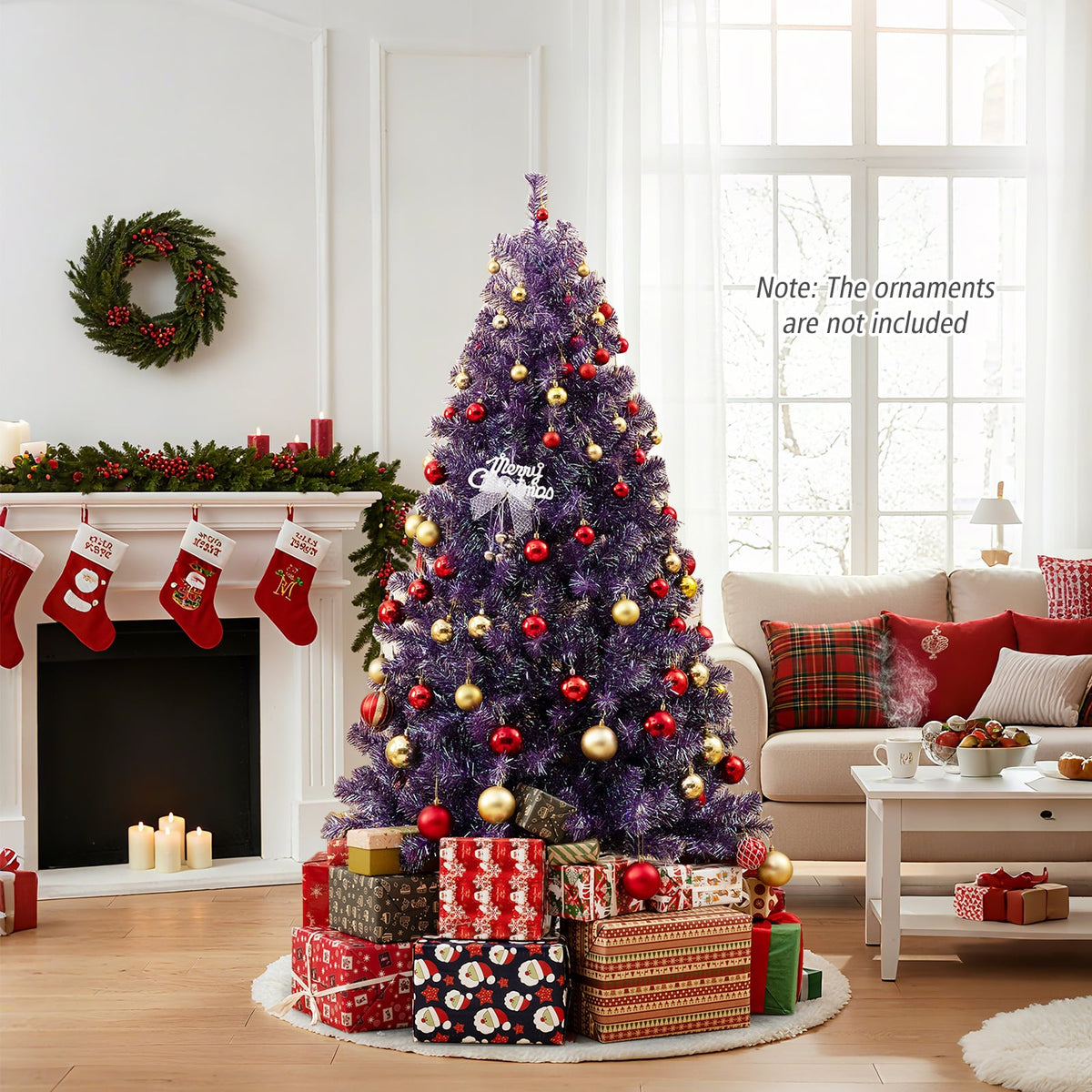 Pre-Lit Tinsel Christmas Tree Artificial Xmas Tree with Lush Branch Tips and Warm White LED Lights-6ft-Christmas Trees-DECOROLALA