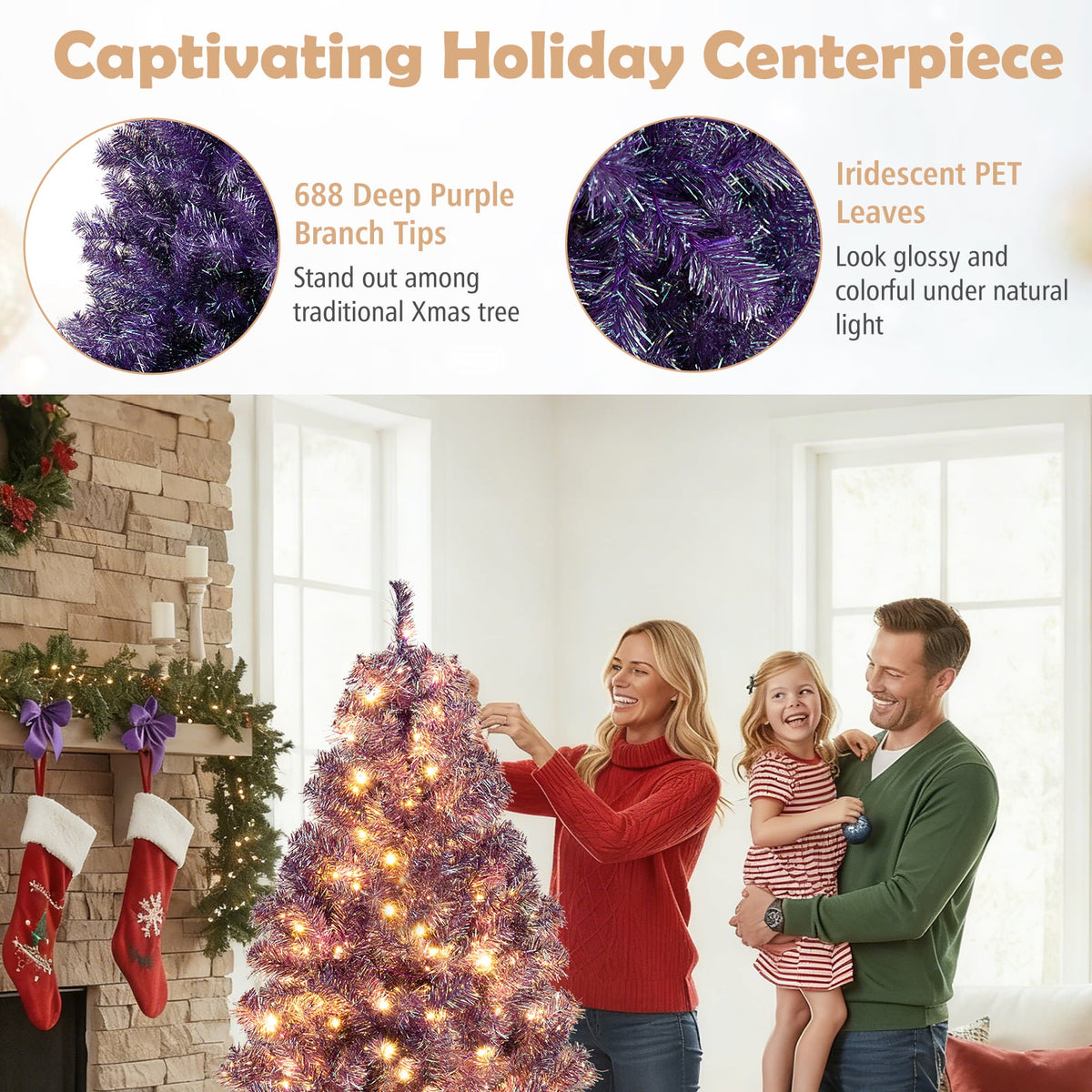 Pre-Lit Tinsel Christmas Tree Artificial Xmas Tree with Lush Branch Tips and Warm White LED Lights-6ft-Christmas Trees-DECOROLALA