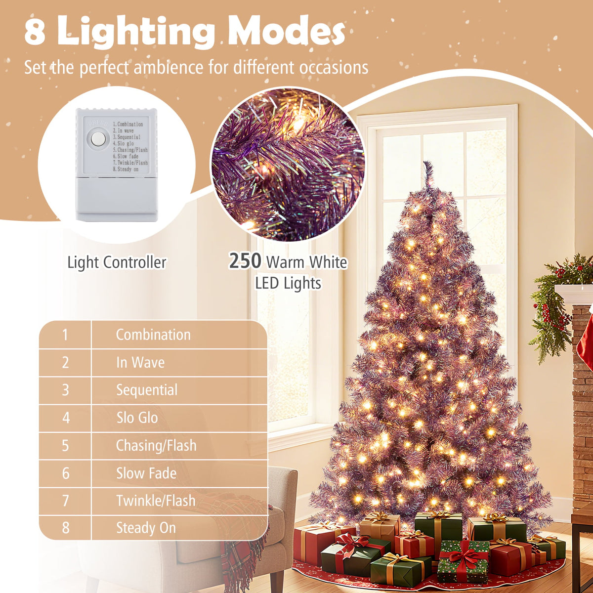 Pre-Lit Tinsel Christmas Tree Artificial Xmas Tree with Lush Branch Tips and Warm White LED Lights-6ft-Christmas Trees-DECOROLALA
