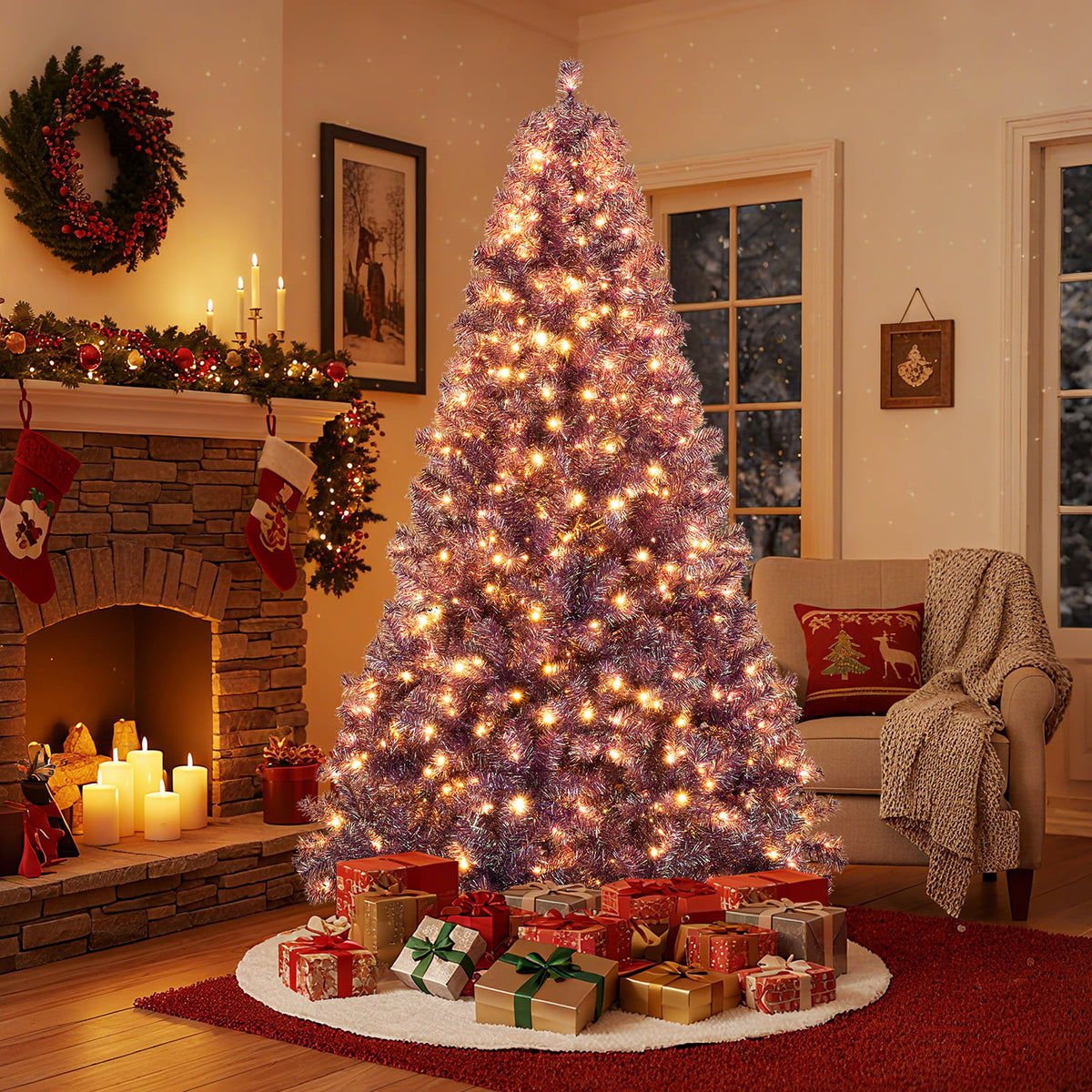 Pre-Lit Tinsel Christmas Tree Artificial Xmas Tree with Lush Branch Tips and Warm White LED Lights-7.5ft-Christmas Trees-DECOROLALA