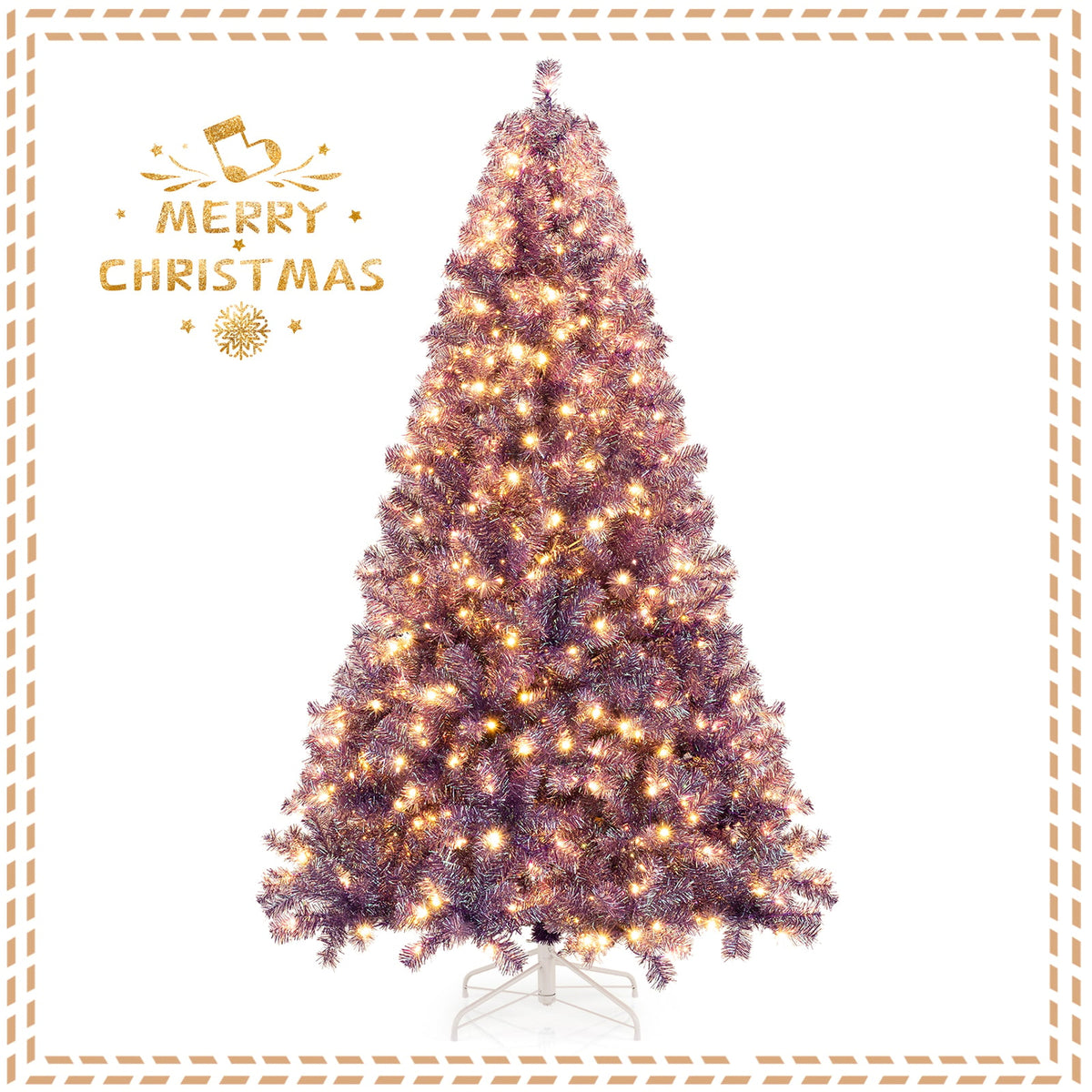 Pre-Lit Tinsel Christmas Tree Artificial Xmas Tree with Lush Branch Tips and Warm White LED Lights-7.5ft-Christmas Trees-DECOROLALA