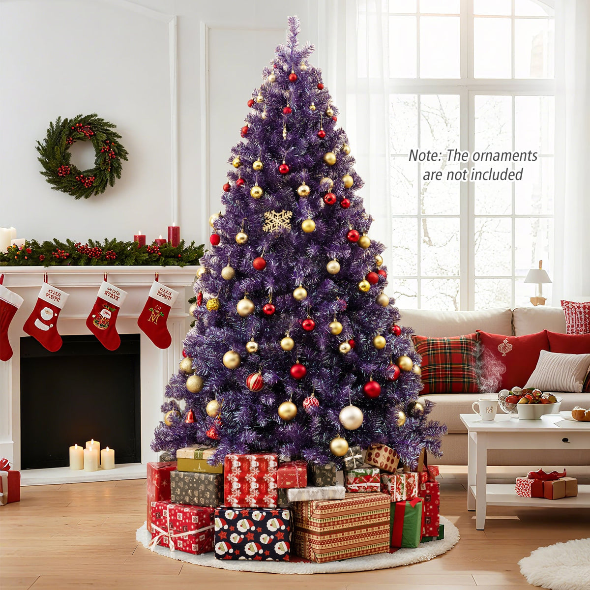 Pre-Lit Tinsel Christmas Tree Artificial Xmas Tree with Lush Branch Tips and Warm White LED Lights-7.5ft-Christmas Trees-DECOROLALA