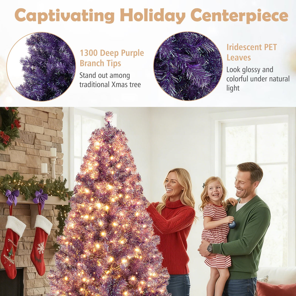 Pre-Lit Tinsel Christmas Tree Artificial Xmas Tree with Lush Branch Tips and Warm White LED Lights-7.5ft-Christmas Trees-DECOROLALA