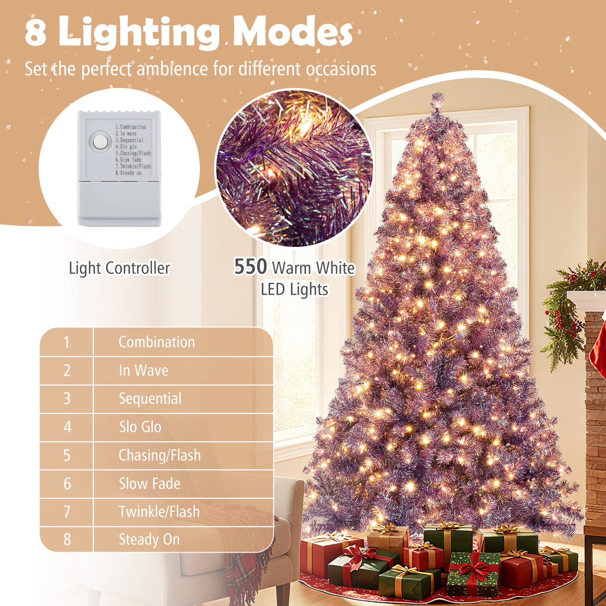 Pre-Lit Tinsel Christmas Tree Artificial Xmas Tree with Lush Branch Tips and Warm White LED Lights-7.5ft-Christmas Trees-DECOROLALA