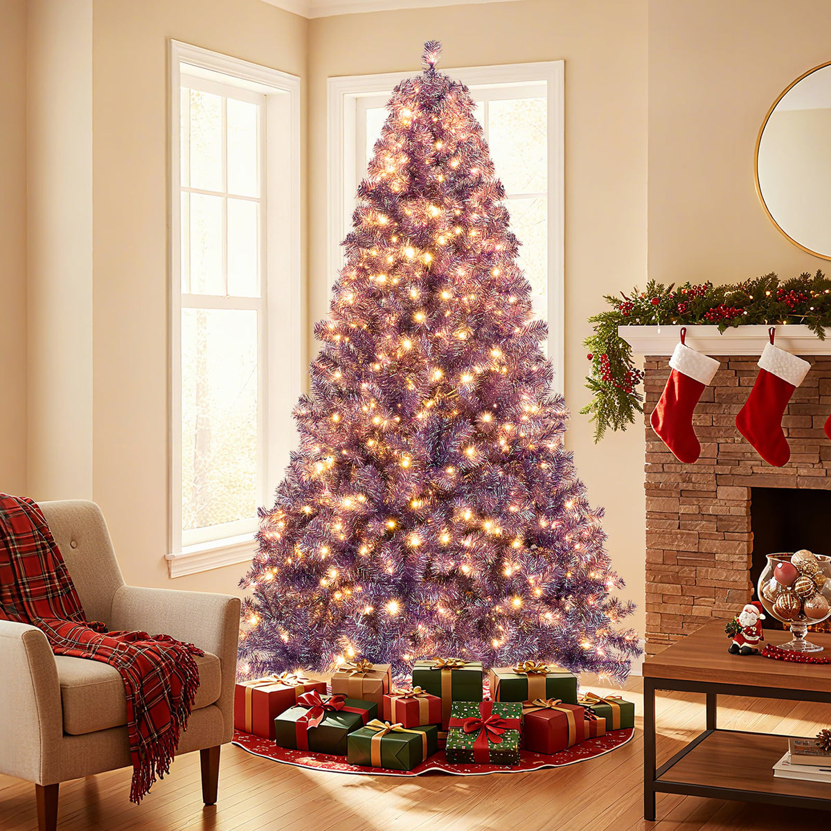 Pre-Lit Tinsel Christmas Tree Artificial Xmas Tree with Lush Branch Tips and Warm White LED Lights-7.5ft-Christmas Trees-DECOROLALA