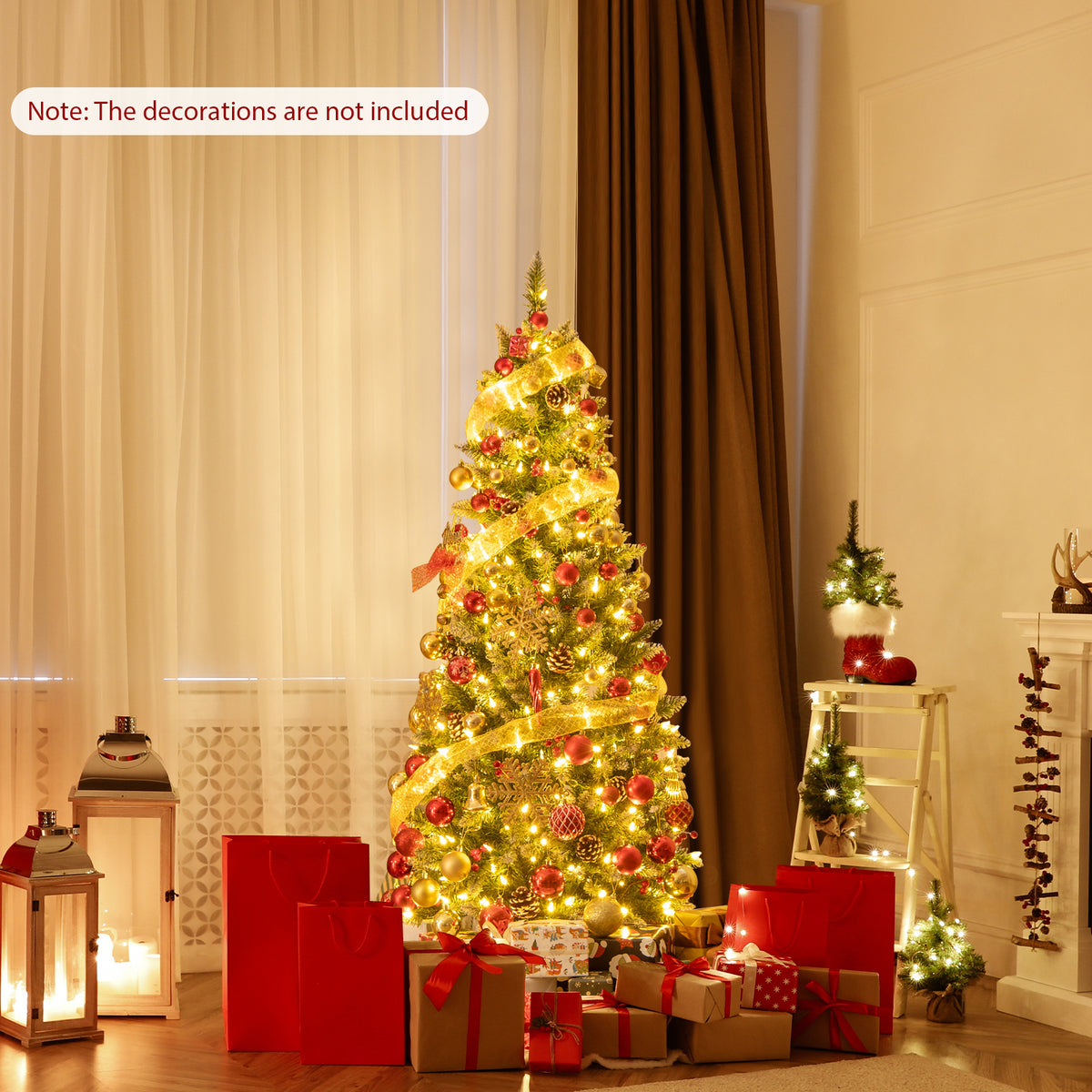 Pre-lit Artificial Pencil Christmas Tree with Pine Cones and Red Berries-5 ft-Christmas Trees-DECOROLALA