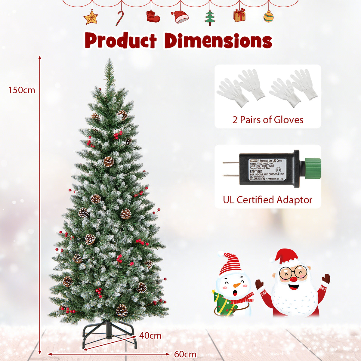 Pre-lit Artificial Pencil Christmas Tree with Pine Cones and Red Berries-5 ft-Christmas Trees-DECOROLALA