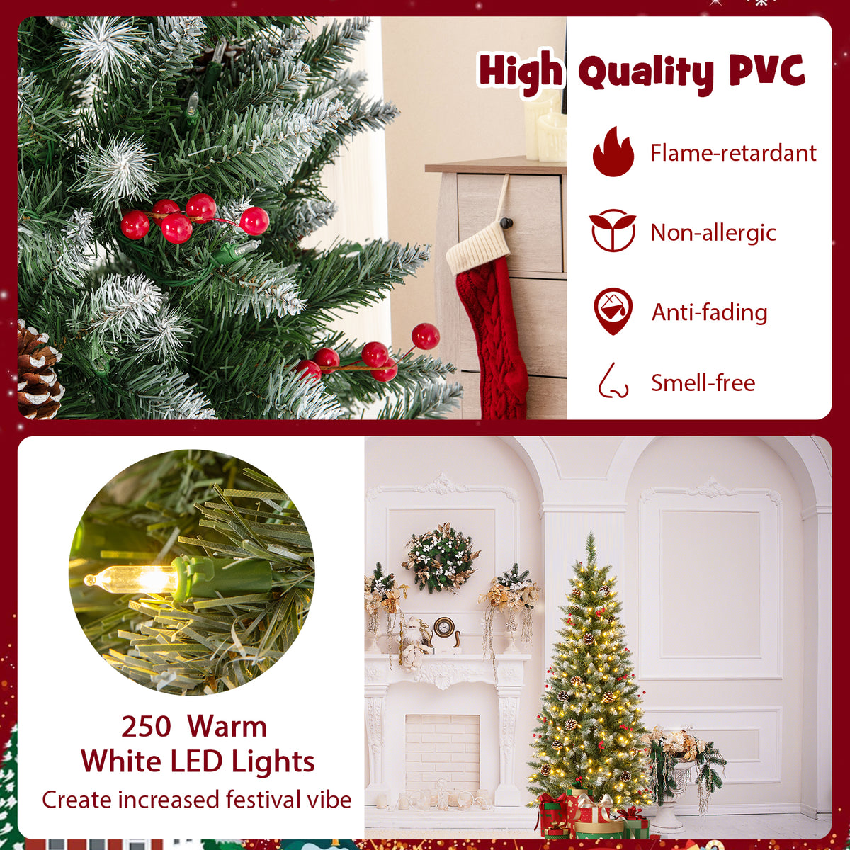 Pre-lit Artificial Pencil Christmas Tree with Pine Cones and Red Berries-5 ft-Christmas Trees-DECOROLALA