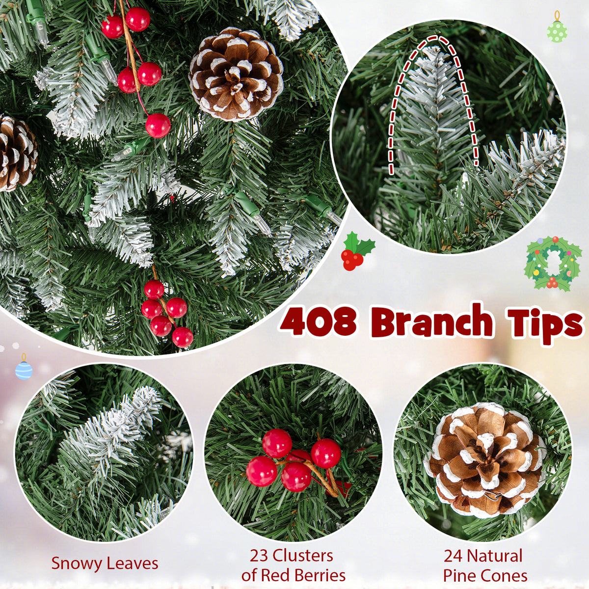Pre-lit Artificial Pencil Christmas Tree with Pine Cones and Red Berries-5 ft-Christmas Trees-DECOROLALA