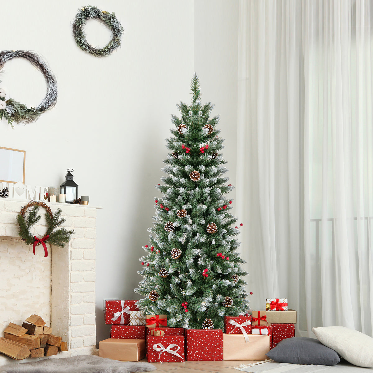 Pre-lit Artificial Pencil Christmas Tree with Pine Cones and Red Berries-5 ft-Christmas Trees-DECOROLALA