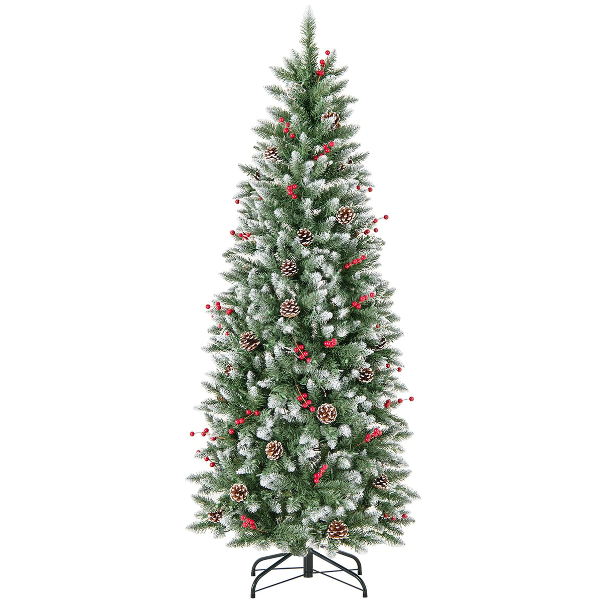 Pre-lit Artificial Pencil Christmas Tree with Pine Cones and Red Berries-6 ft-Christmas Trees-DECOROLALA