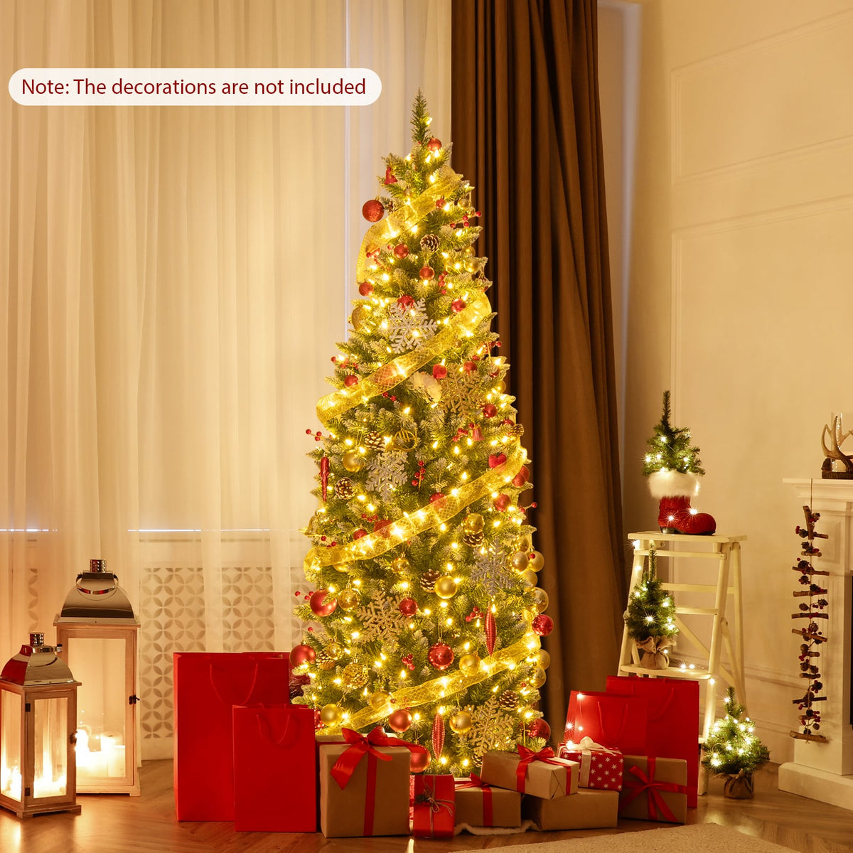 Pre-lit Artificial Pencil Christmas Tree with Pine Cones and Red Berries-6 ft-Christmas Trees-DECOROLALA