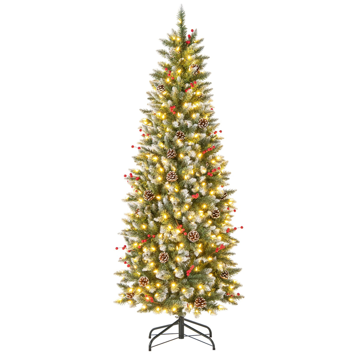 Pre-lit Artificial Pencil Christmas Tree with Pine Cones and Red Berries-6 ft-Christmas Trees-DECOROLALA