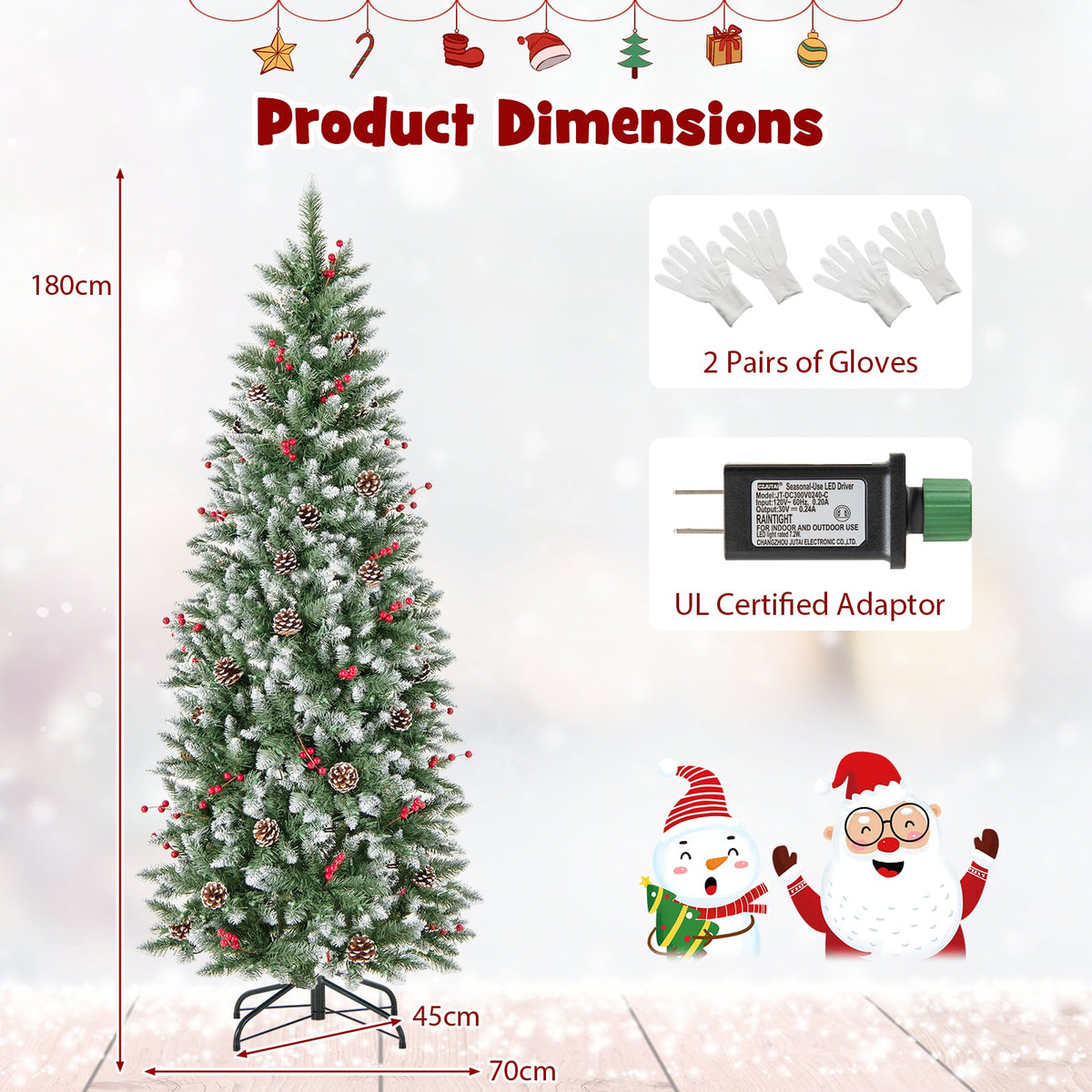 Pre-lit Artificial Pencil Christmas Tree with Pine Cones and Red Berries-6 ft-Christmas Trees-DECOROLALA