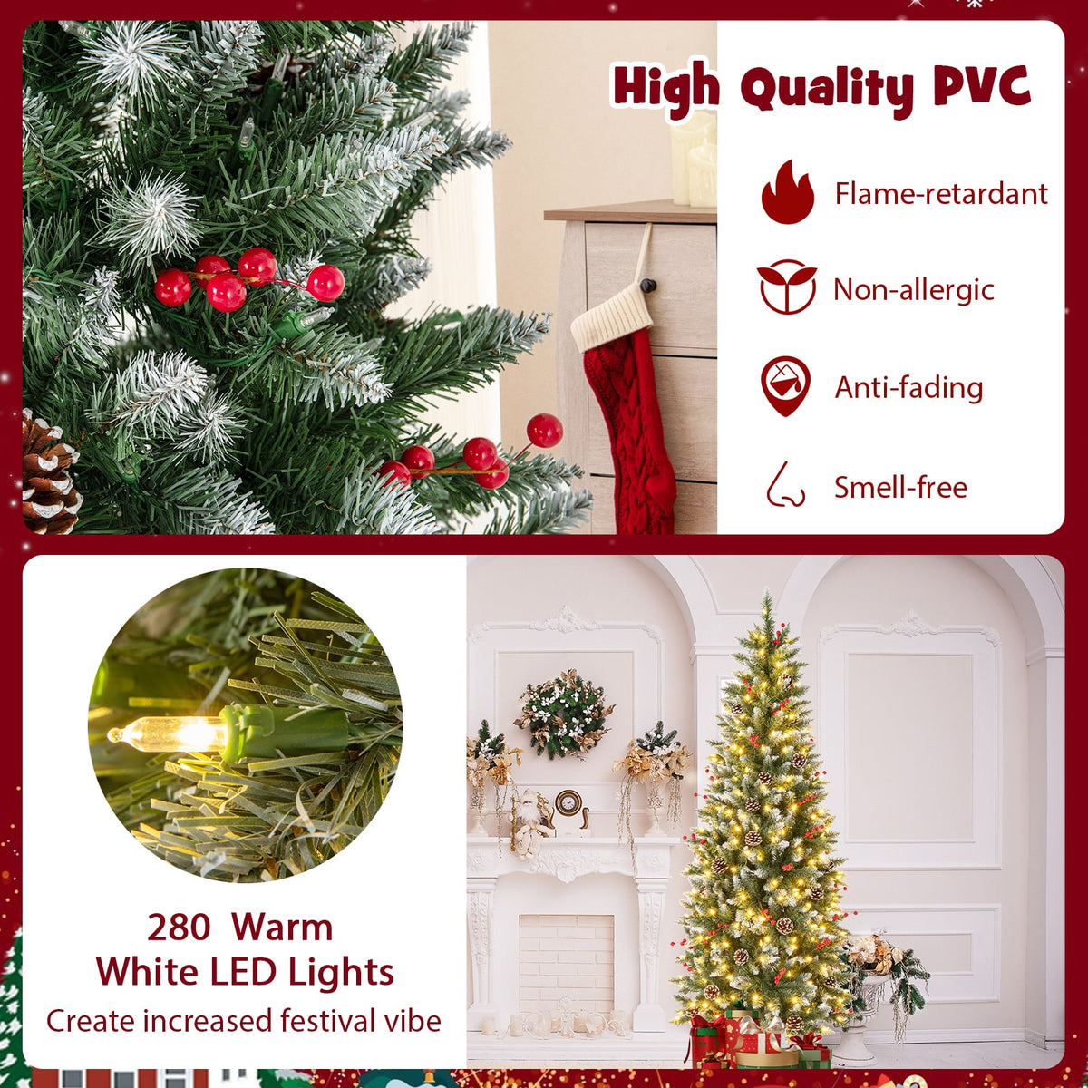 Pre-lit Artificial Pencil Christmas Tree with Pine Cones and Red Berries-6 ft-Christmas Trees-DECOROLALA